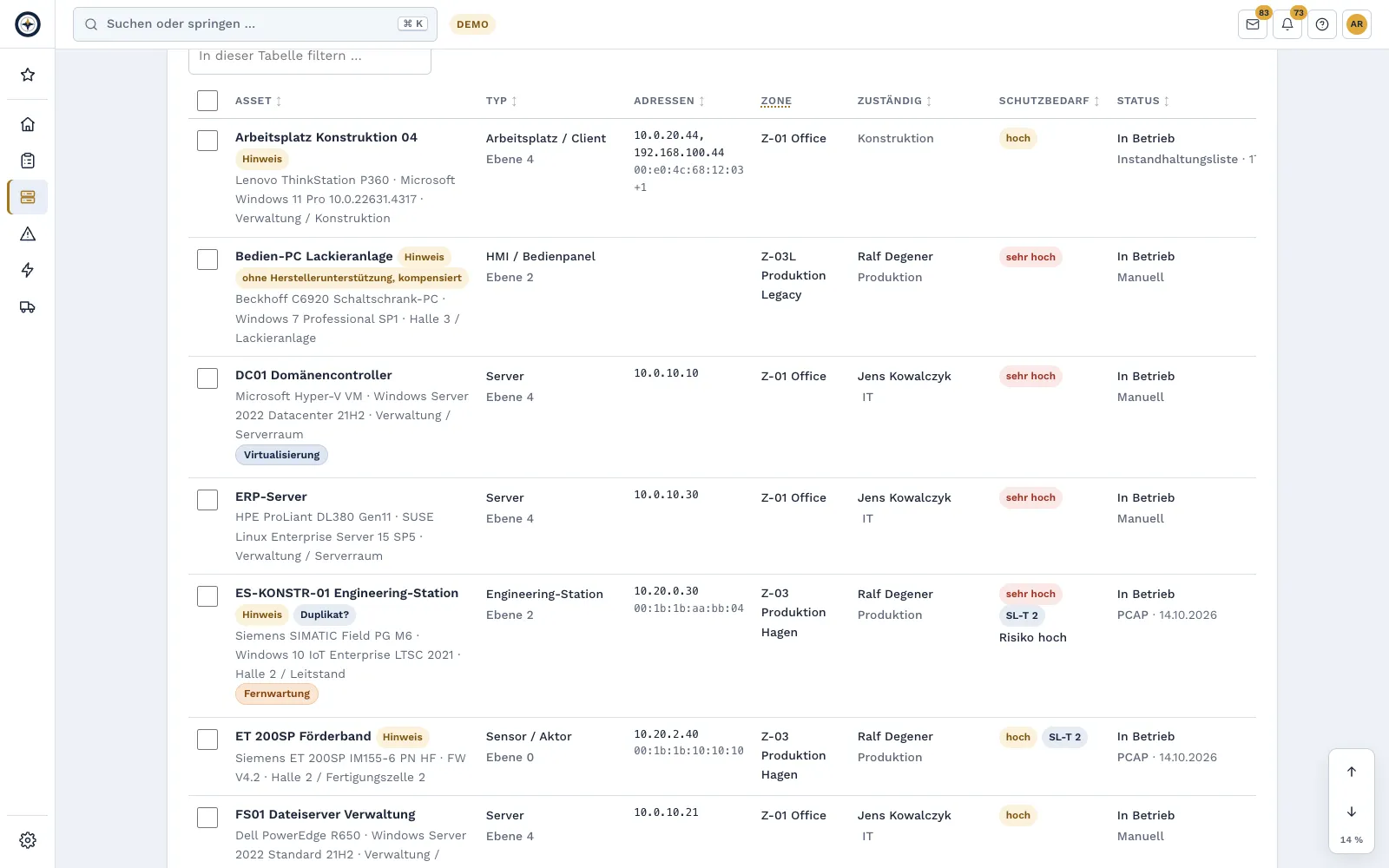 Asset inventory: Agentless capture of IT and OT assets, with protection needs, zone, ownership and SBOM.